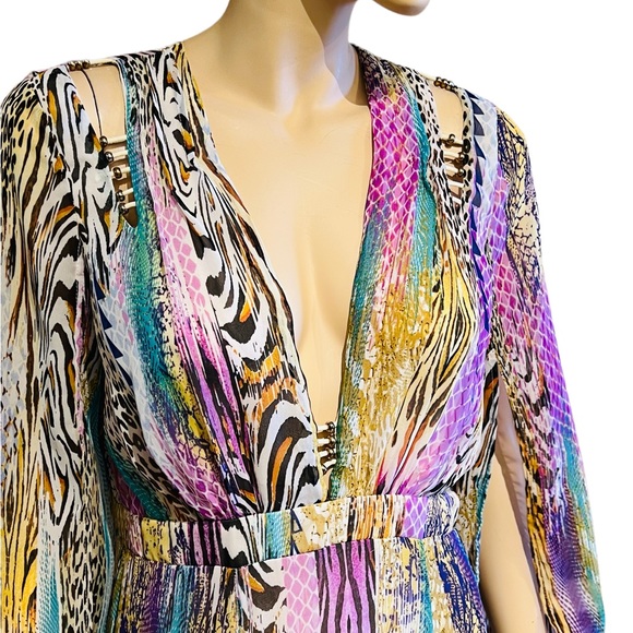 LUXXEL Bohemian Maxi Dress Animal Print Size M Long Sleeves V Neck 100% poly - Picture 5 of 16